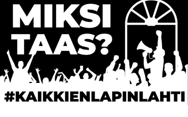 Kuvassa teksti MIKSI TAAS? ja joukko hahmoja megafonin kanssa Engel-tyylisen ikkunan alla.