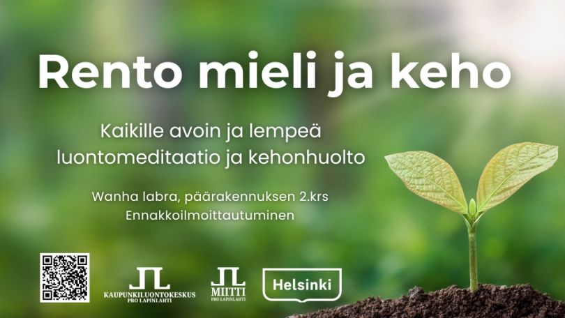 Rento mieli ja keho tapahtumien kansikuva vuodelle 2026. Kuvassa tapahtumatiedot ja uudet logot, ei päivämääriä. Taustakuvana mullasta nouseva taimi vihreällä taustalla ja auringonvalolla