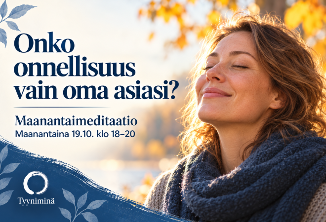 Kuva on Onko onnellisuus vain oma asiasi? -tapahtuman mainoskuva, jossa on naisen kasvot ja tietoa tapahtumasta