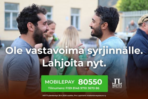 Kaksi hymyilevää miestä katsoo toisiaan. Otsikko ja lahjoitustiedot löytyvät tekstistä.