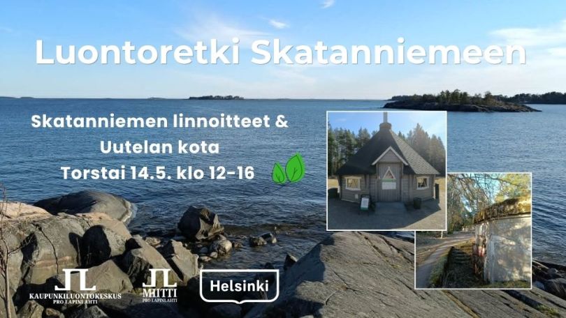Luontoretki Skatanniemeen tapahtumakuva infot ja logot, taustakuvat Skatanniemeltä ja Uutelan kodalta