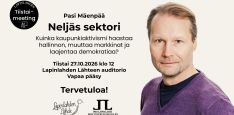 Kuva on Neljäs sektori -luennon mainoskuva, jossa on Pasi Mäenpään kasvot ja tiedot tapahtumasta.