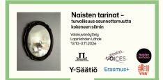 Kuva on Naisten tarinat -näyttelyn mainoskuva, jossa on tietoa näyttelystä ja kuva teoksesta.