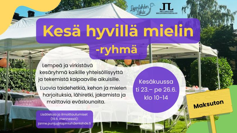 Tapahtumakuvassa tekstiä ja puutarhamaisema.