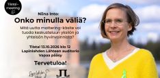 Kuva on Onko minulla väliä -luennon mainoskuva, jossa on Niina Into sekä tapahtuman tiedot