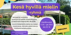 Tapahtumakuvassa tekstiä ja puutarhamaisema.
