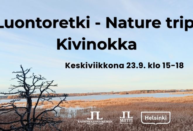 Luontoretki nature trip Kivinokka kuva jossa infot ja logot. Taustakuva Kivinokan lintulavalta syksyllä josta aavat näkymät vanhakaupunginlahdelle