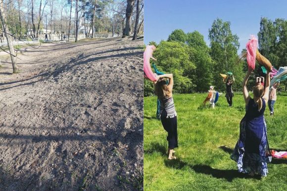 Ennen- ja jälkeen-kuvat lehmuskujan itäpuolella sijaitsevalta hyvitysalueelta. Ennen-kuvassa on ihmisiä tanssimassa nurmikolla. Jälkeen-kuvassa on ruskeanharmaata multaa ja soraa.