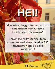 🍁Kirjoitatko, bloggaatko, sometatko tai haluaisitko vain tutustua lisää Lapinlahden Lähteen toimintaan ja kuulla nykytilanteesta nyt, kun Lapinlahti on ollut paljon mediassa esillä?

🥐Tervetuloa esittelytilaisuuteen aamiaisen merkeissä tiistaina 6.10. - nopeimmille jäljellä muutama vapaa paikka, ilmoittaudu nyt -> siru.valleala@lapinlahdenlahde.fi

☕️Aamiaisella ti klo 9.30 alkaen Lapinlahden herkkuja ja tietoiskuja, joiden jälkeen ilmainen historiakierros. Ilmoittaudu viimeistään maanantaina 5.10. klo 15 mennessä. Toivomme pientä julkaisua tapahtumasta kanavissasi.

Järjestäjä: Pro Lapinlahti mielenterveysseura ry
