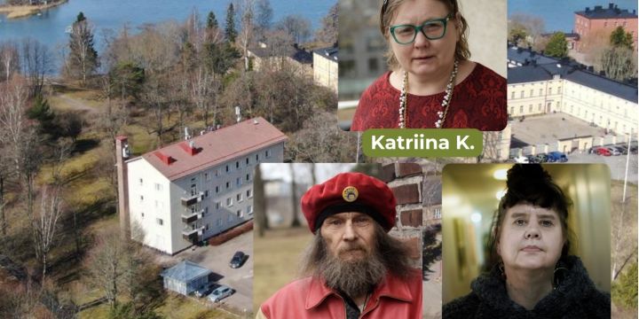 Taustalla on ilmakuva Lapinlahden puistoalueesta. Kuvan päällä on kasvokuvat kolmesta henkilöstä.