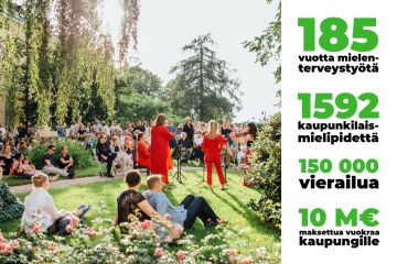Joukko ihmisiä on kokoontunut aurinkoiseen puutarhaan kuuntelemaan viulutrion konserttia.