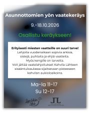 Auta meitä auttamaan Asunnottomien yönä! 🕯️✨

Onko kaapissasi puhtaita ja ehjiä syys- tai talvivaatteita, jotka etsivät uutta omistajaa? 

Tuo ne Kahvila Lähteen vaatteidenkeräyspisteelle 9.–18.10.2026. Kaikki lahjoitukset menevät Asunnottomien yön keräykseen suoraan niille, jotka tarvitsevat apua eniten.

⚠️ Erityisesti miesten lämpimille vaatteille ja kengille on juuri nyt huutava pula! 👕🧥

Otathan vaatepussit mukaan seuraavalla kahvikerrallasi. Voit jättää vaatelahjoitukset Kahvila Lähteen sisääntuloaulassa sijaitsevaan keräyspisteeseen kahvilan aukioloaikoina.
Kiitämme sydämellisesti kaikesta tuesta ja lahjoituksistanne!
Pieni teko sinulle – valtava apu sitä todella tarvitsevalle. 🙏
👇

📍 Kahvila Lähde | Lapinlahdenpolku 8, Helsinki

🍁 Aukioloajat: Ma–La 11–17 | Su 12–17