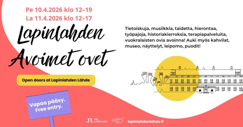 Valko-punaisella taustalla pyöreä pallo ja rakennuksen ääriviivat.