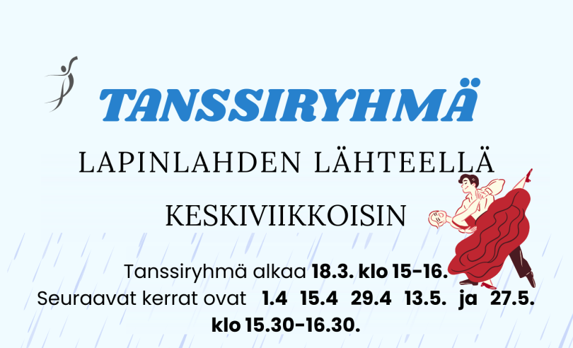 Vaaleansinisellä taustalla nainen joka tanssii punaisessa mekossa.