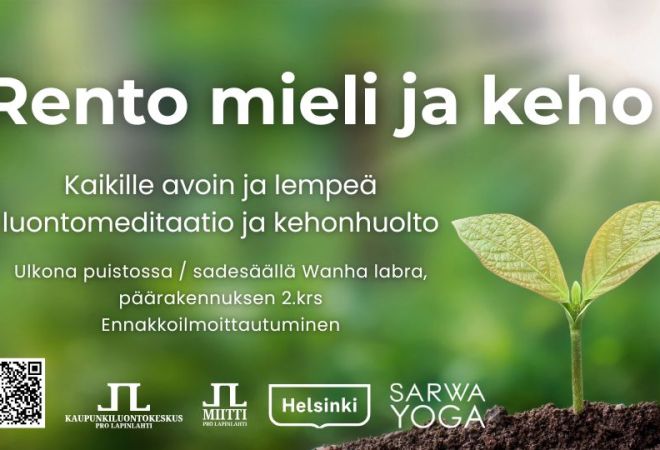 Rento mieli ja keho tapahtumien kansikuva kesälle 2026. Kuvassa tapahtumatiedot ja uudet logot, ei päivämääriä. Taustakuvana mullasta nouseva taimi vihreällä taustalla ja auringonvalolla