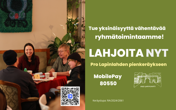 Kuvassa iloista väkeä Lapinlahden kahvilassa ja pienkeräykseen kannustava teksti.