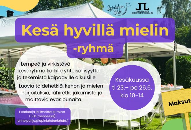 Tapahtumakuvassa tekstiä ja puutarhamaisema.