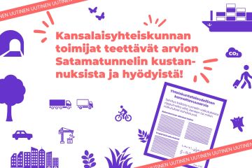 Koristeellinen kuva, jossa lukee: Kansalaisyhteiskunnan toimijat teettävät arvion satamatunnelin kustannuksista ja hyödyistä.