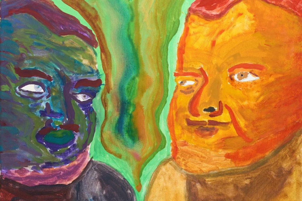 Värikäs kuva, kaksi miestä, oranssi, punainen, vihreä