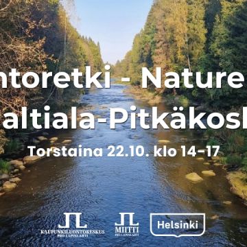 Luontoretki nature trip Haltiala-Pitkäkoski tapahtuman info ja logot. Taustakuva on Pitkäkoskelta koskea syksyisessä auringonpaisteessa ja erilaisia puita reunoilla