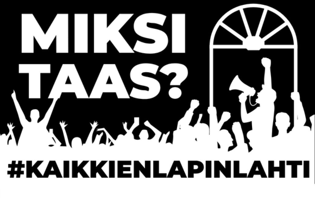 Kuvassa teksti MIKSI TAAS? ja joukko hahmoja megafonin kanssa Engel-tyylisen ikkunan alla.