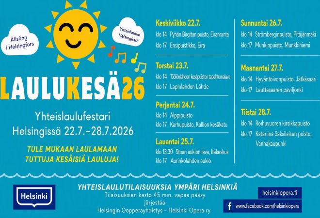 Kuva on LauluKesä 26 -tapahtuman mainoskuva, jossa on tapahtuman tiedot ja päivämäärät.