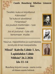 Naurua, nippelitietoa ja suomalaista sivistystä! 💡

Canth – Runeberg – Sibelius – Lönnrot – Kivi 🧐

Tiesitkö, kuka ei kirjoittanut Kalevalaa? Tai kuka ei säveltänyt Finlandiaa? Jos jouduit miettimään – tule mukaan. Jos et joutunut – tule silti kertomaan muille 🙌🏼

Tietovisa & palkintoja! 🏆

✨Missä? Kahvila Lähde 1. krs, Lapinlahden Lähde✨
✨Milloin? Torstaina 26.2.2026 klo 11–14✨

Järjestäjä: Ammattiopisto Spesia