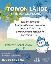 Hyvää alkavaa hiihtolomaviikkoa kaikille! Toivon Lähde on auki normaalisti maanantaina ja tiistaina, torstaina 19.2.2026 poikkeuksellisesti kiinni. ❄️❄️❄️