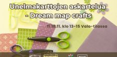 Unelmakarttojen askartelua tapahtumakuva infon ja logojen kanssa. Taustakuvassa on värikkäitä kartonkeja ja muita materiaaleja ja kahdet sakset materiaalien päällä Unelmakarttojen askartelua - Dream map crafts event cover picture with infos and logos. Background is colorful cardboards and other materials with two scissors on top