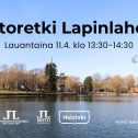 Puistoretki Lapinlahdessa tapahtumakuva jossa aikataulu ja logot. Maisema Lapinlahden puistosta rantareitiltä jossa näkyy Venetsiatalo puistoa ja Lapinlahtea