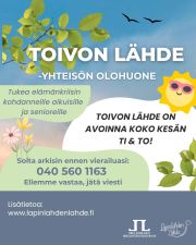 Toivon Lähde on avoinna koko kesän – tervetuloa matalalla kynnyksellä, kun elämänkriisi painaa mieltä ja kaipaat turvallista paikkaa keskustelulle ja oleilulle yhdessä. Lapinlahden Lähteen kriisikodin olohuone on auki tiistaisin ja torstaisin – katso alta kellonajat!
Toivon Lähteelle saavutaan puhelinsoiton kautta, eli soita ensin: 040 560 1163.
Paikalla on aina kriisityöntekijä ja koulutettuja vapaaehtoisia.
Ti 30.6. klo 16–19
To 2.7. klo 14–18
Ti 7.7. klo 14–18
To 9.7. klo 14–18
Ti 14.7. klo 16–19
To 16.7. klo 16–19
Tämän jälkeen ti ja to normaalisti klo 14–18.
Lämpimästi tervetuloa!