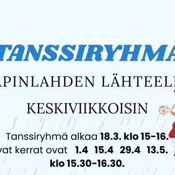 Vaaleansinisellä taustalla nainen joka tanssii punaisessa mekossa.