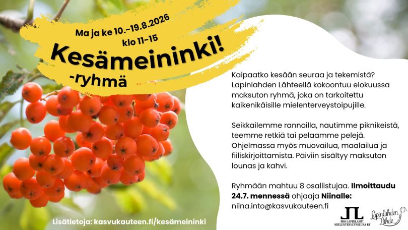 Kuva on Kesämeininki!-tapahtuman mainoskuva, joka sisältää kuvan pihlajanmarjoista ja tietoa tapahtumasta.