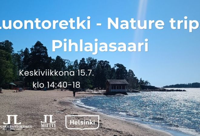Luontoretki nature trip pihlajasaari tapahtuman aika ja logot. Taustakuva Pihlajasaaren rannalta aurinkoisena päivänä, näkyy kimmeltävä merenranta hiekkaa puita pukukoppeja ja kaukana ihmisiä